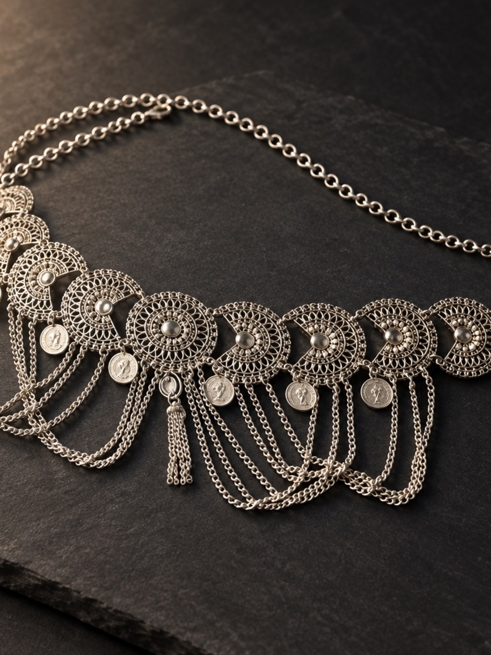 Oxidized Silver Boho Coin Chain Belt 43" | Vintage Tribal Gypsy Belly Chain